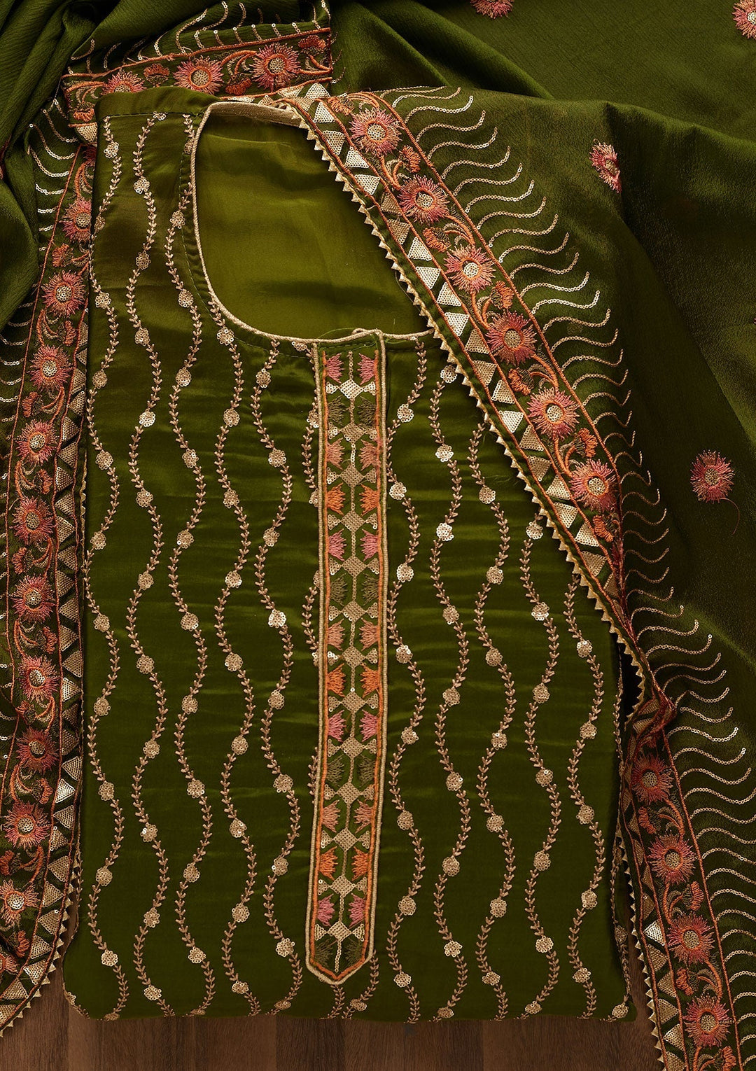 Leaf Green Zariwork Semi Crepe Unstitched Salwar Suit-Koskii