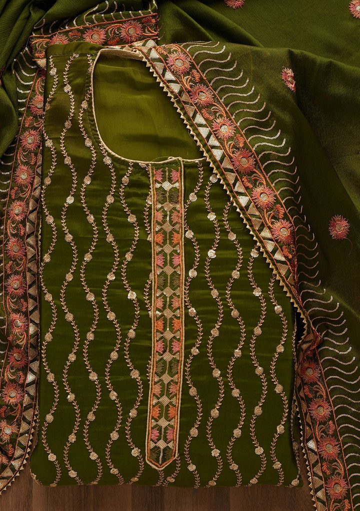 Leaf Green Zariwork Semi Crepe Unstitched Salwar Suit-Koskii