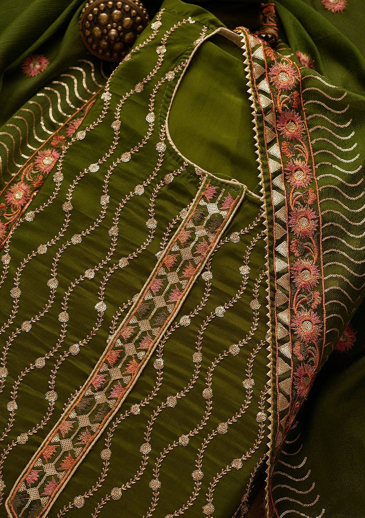 Leaf Green Zariwork Semi Crepe Unstitched Salwar Suit-Koskii