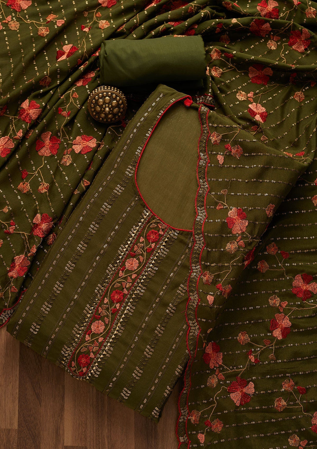 Leaf Green Zariwork Semi Crepe Unstitched Salwar Suit-Koskii