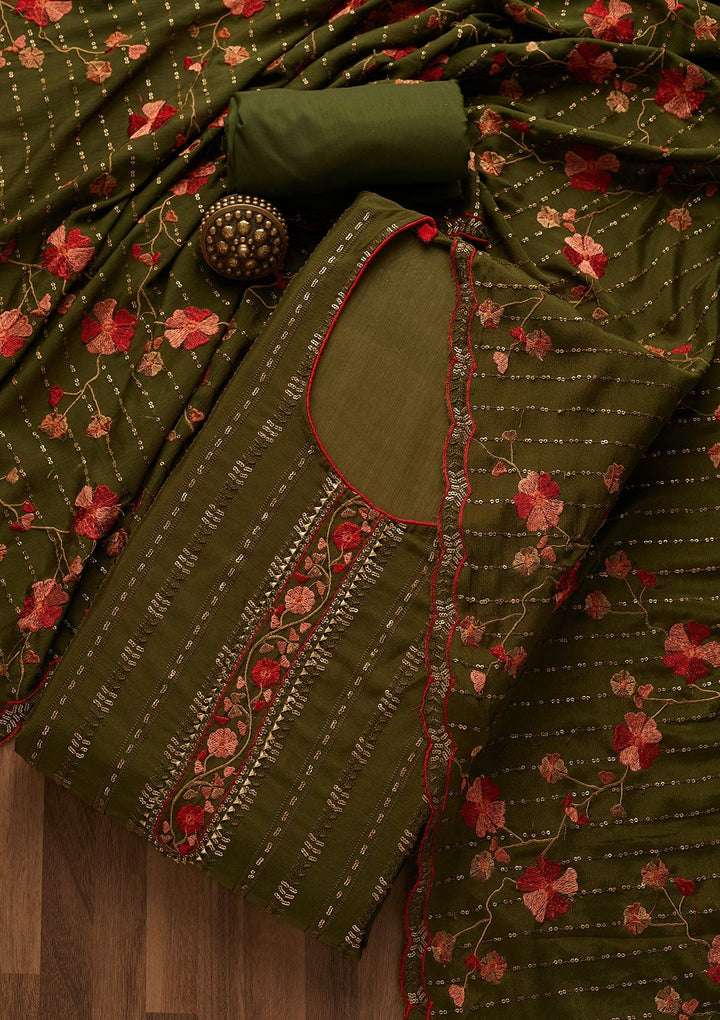 Leaf Green Zariwork Semi Crepe Unstitched Salwar Suit-Koskii