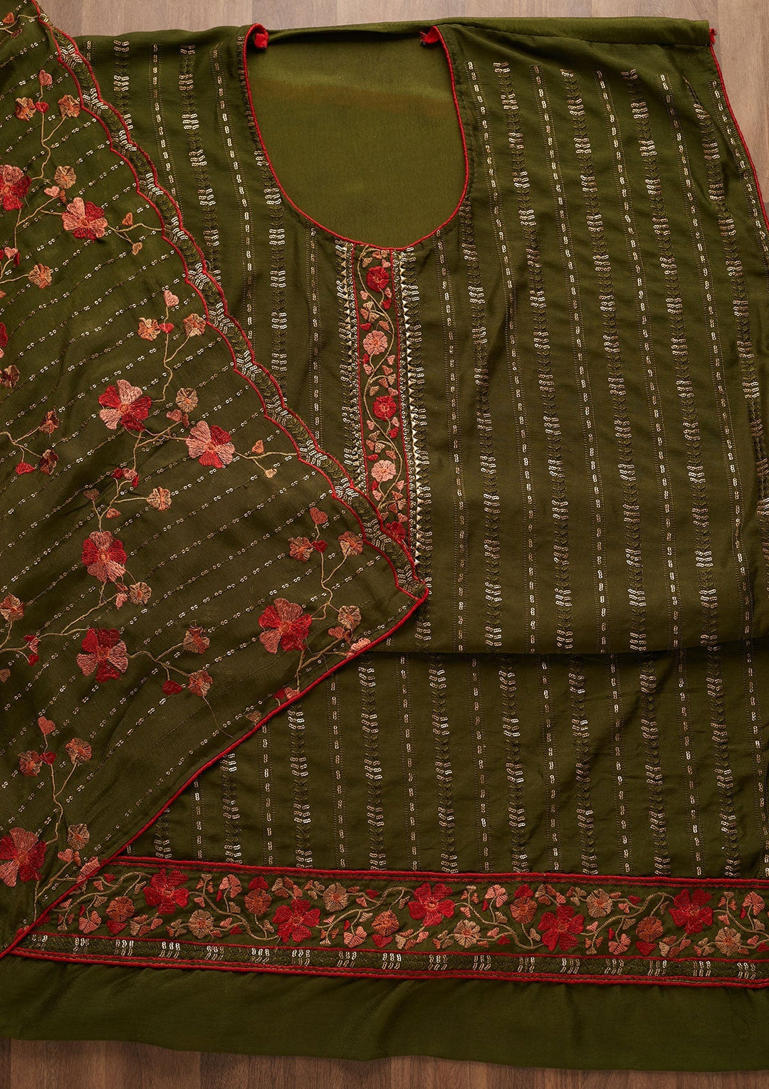 Leaf Green Zariwork Semi Crepe Unstitched Salwar Suit-Koskii