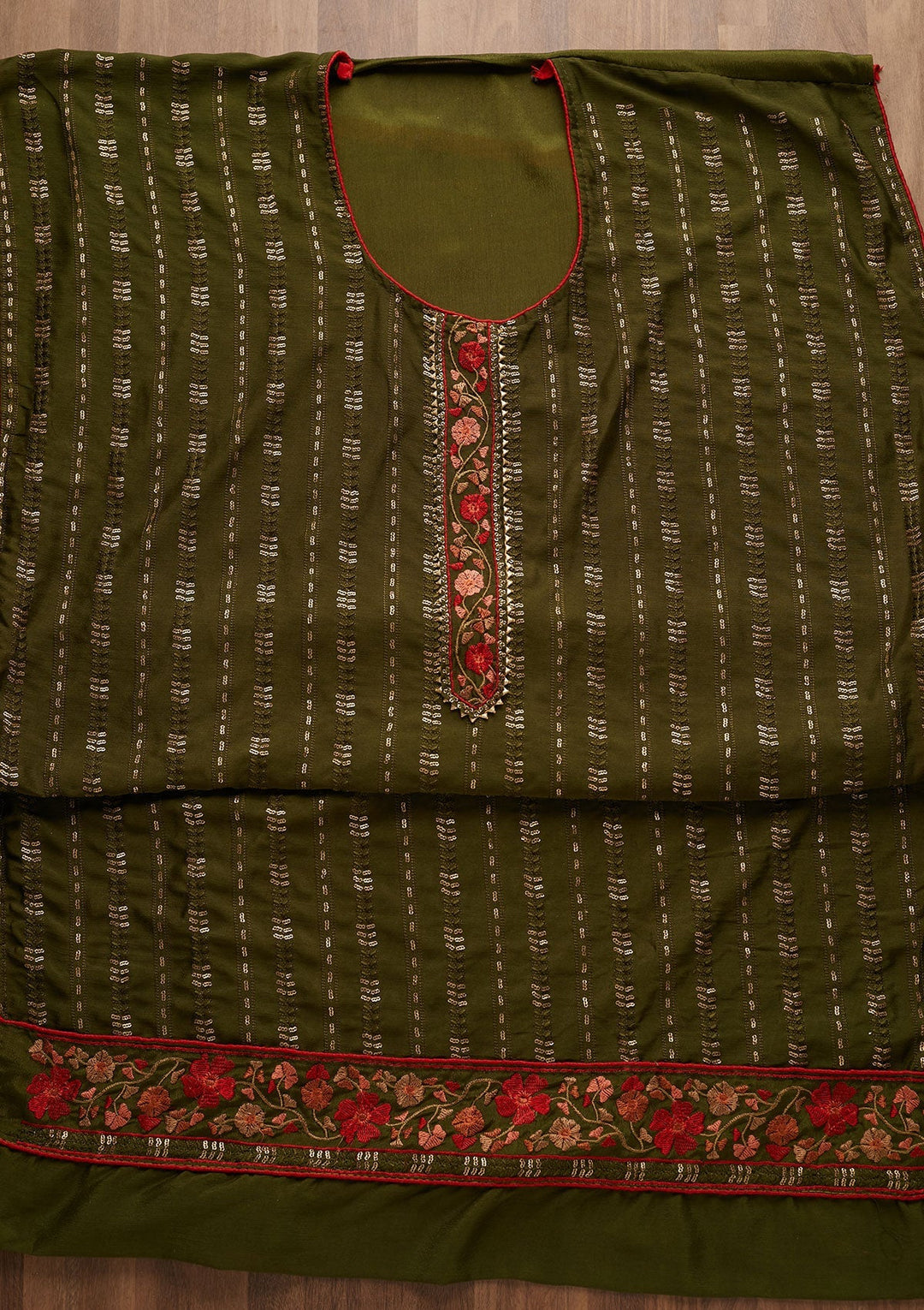 Leaf Green Zariwork Semi Crepe Unstitched Salwar Suit-Koskii