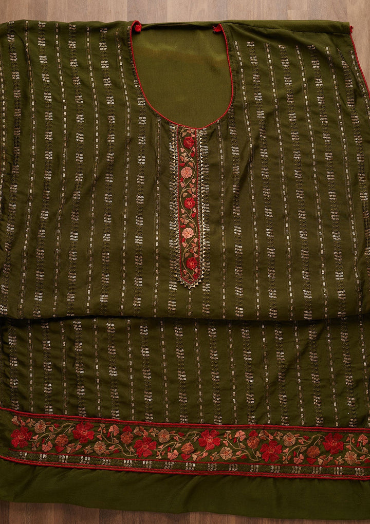 Leaf Green Zariwork Semi Crepe Unstitched Salwar Suit-Koskii