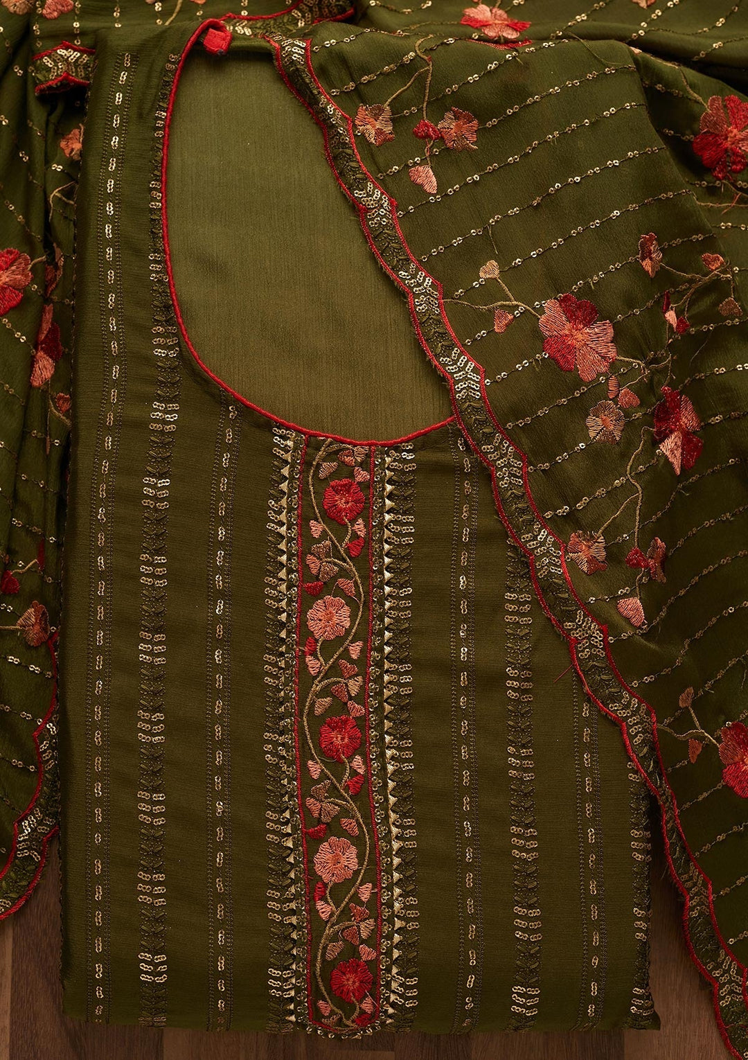 Leaf Green Zariwork Semi Crepe Unstitched Salwar Suit-Koskii