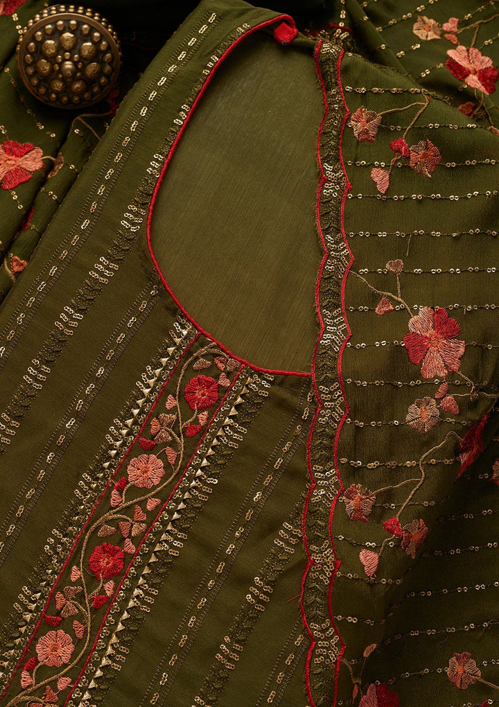 Leaf Green Zariwork Semi Crepe Unstitched Salwar Suit-Koskii