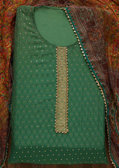 Leaf Green Zariwork Semi Crepe Unstitched Salwar Suit-Koskii