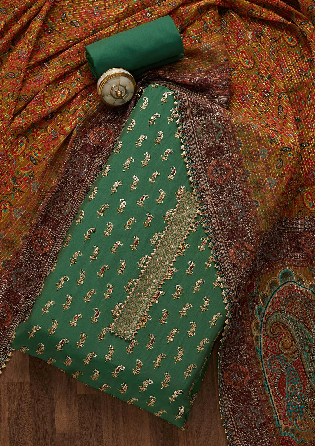 Leaf Green Zariwork Semi Crepe Unstitched Salwar Suit-Koskii