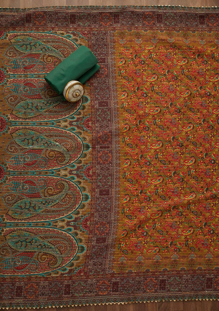 Leaf Green Zariwork Semi Crepe Unstitched Salwar Suit-Koskii