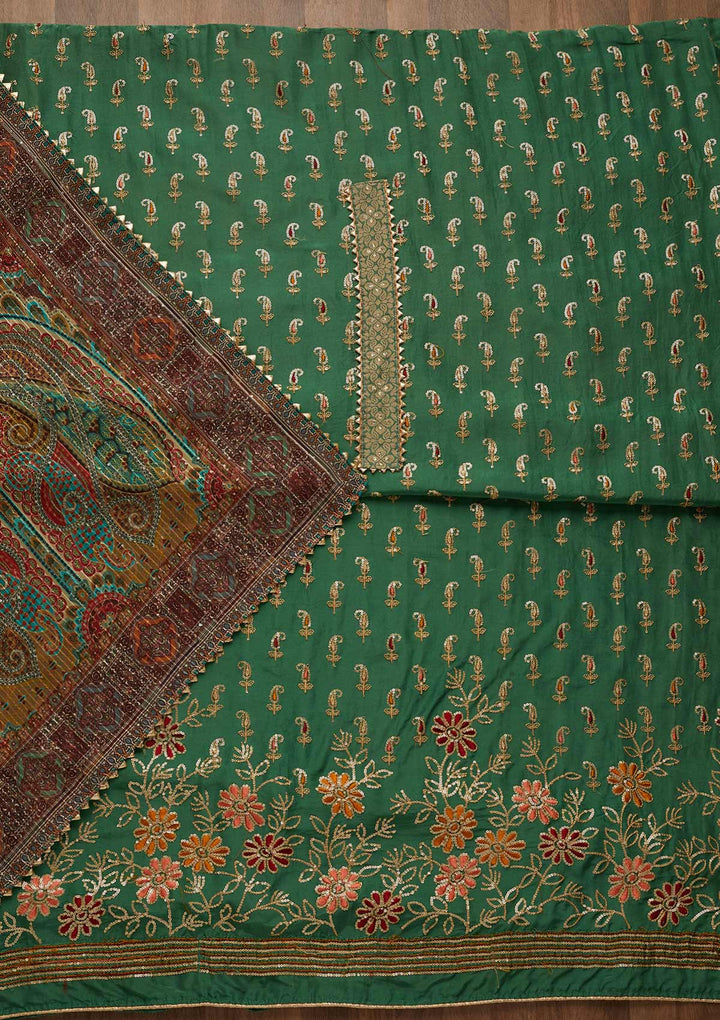 Leaf Green Zariwork Semi Crepe Unstitched Salwar Suit-Koskii
