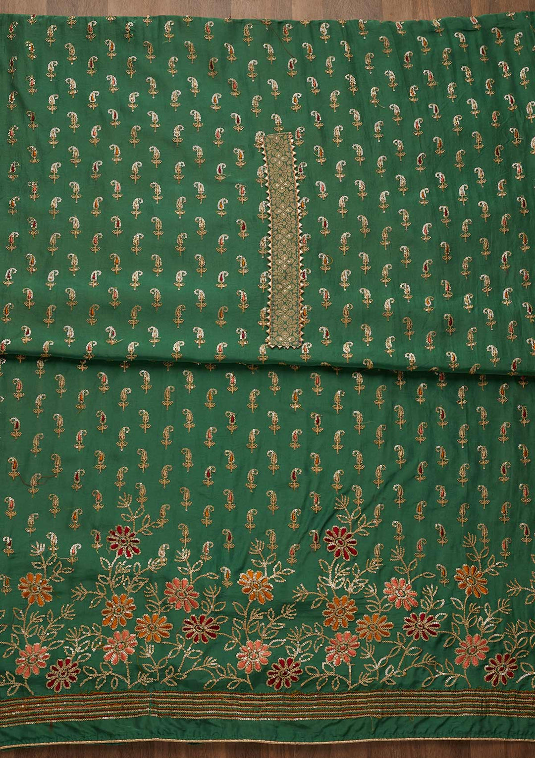 Leaf Green Zariwork Semi Crepe Unstitched Salwar Suit-Koskii