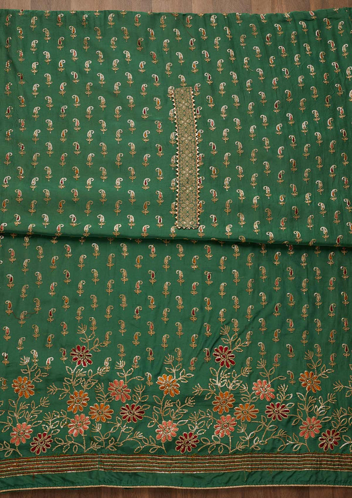 Leaf Green Zariwork Semi Crepe Unstitched Salwar Suit-Koskii