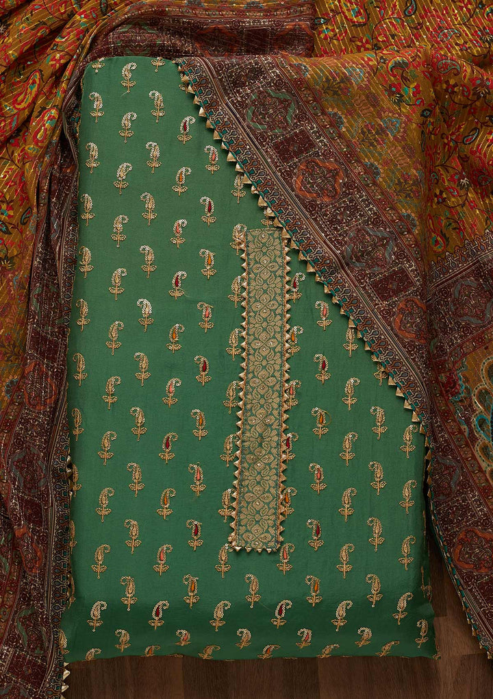 Leaf Green Zariwork Semi Crepe Unstitched Salwar Suit-Koskii
