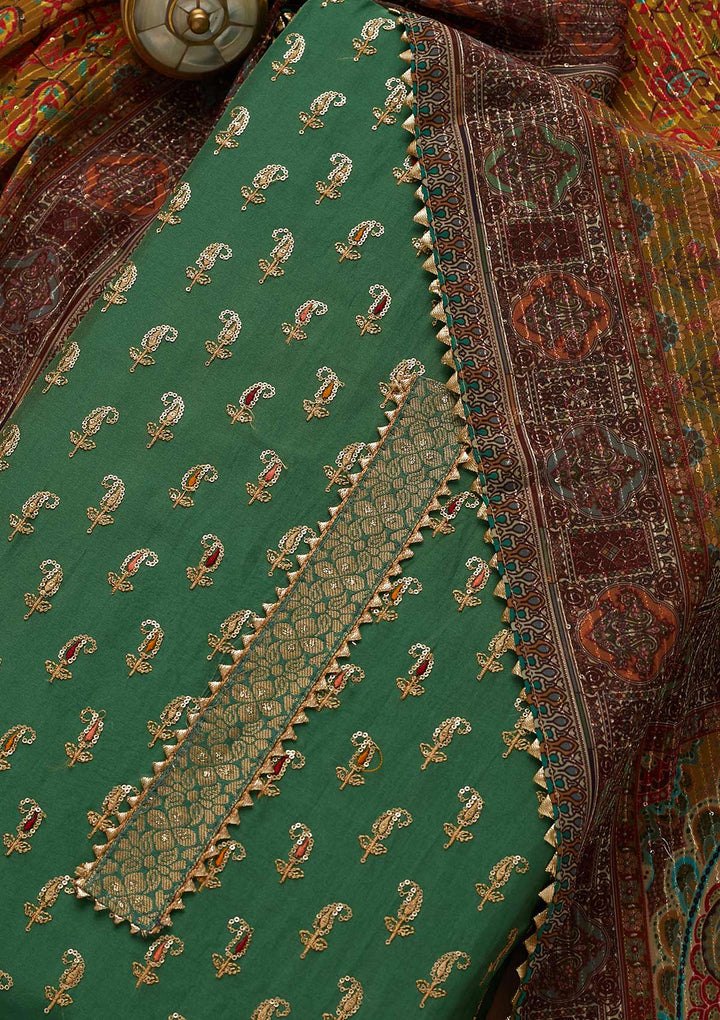 Leaf Green Zariwork Semi Crepe Unstitched Salwar Suit-Koskii