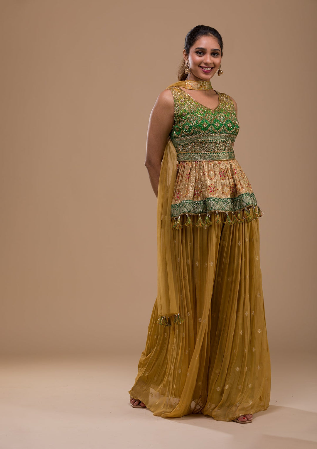 Leaf Green Cutdana Georgette Readymade Salwar Kameez-Koskii