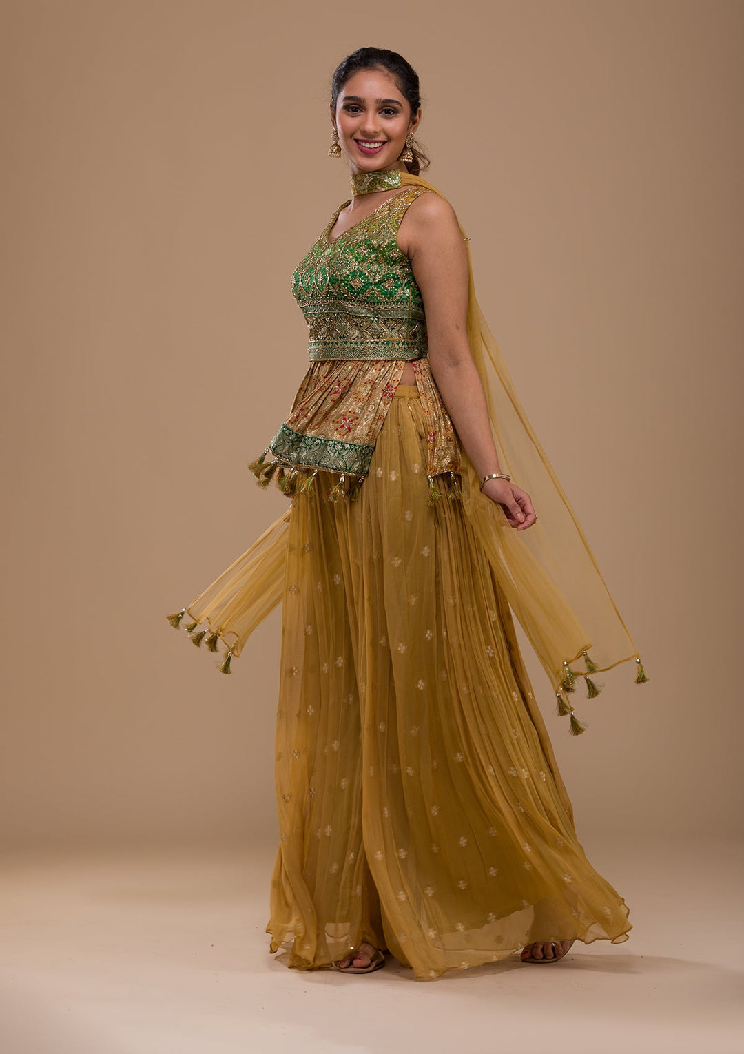 Leaf Green Cutdana Georgette Readymade Salwar Kameez-Koskii