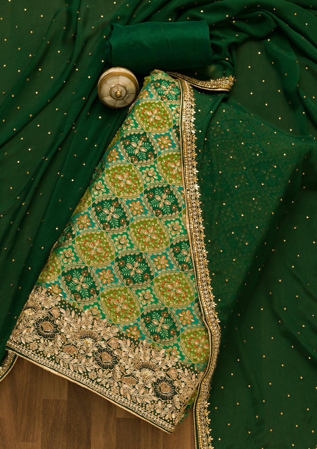 Leaf Green Cutdana Georgette Unstitched Salwar Kameez-Koskii