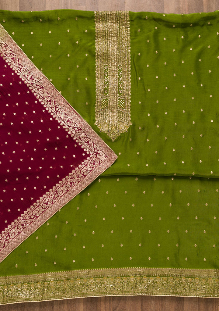 Leaf Green Cutdana Semi Crepe Unstitched Salwar Kameez-Koskii