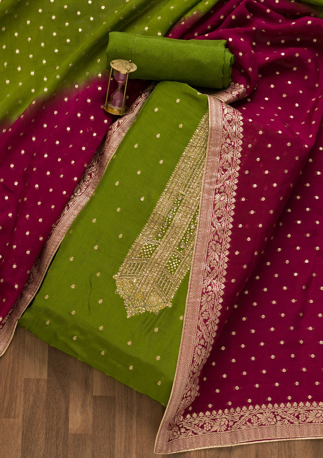 Leaf Green Cutdana Semi Crepe Unstitched Salwar Kameez-Koskii