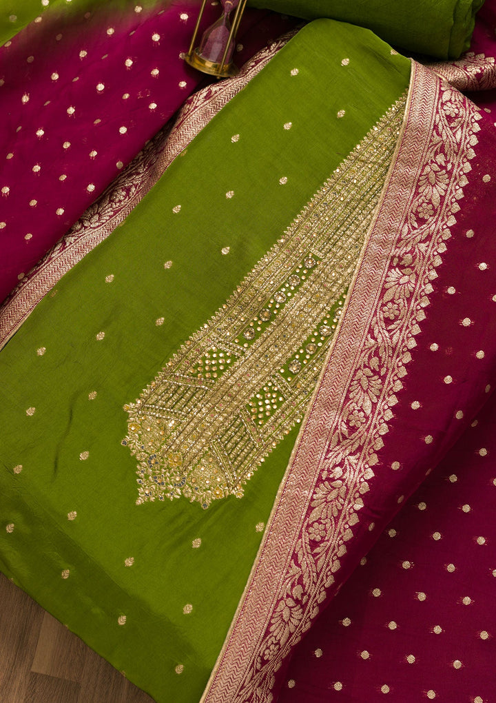 Leaf Green Cutdana Semi Crepe Unstitched Salwar Kameez-Koskii