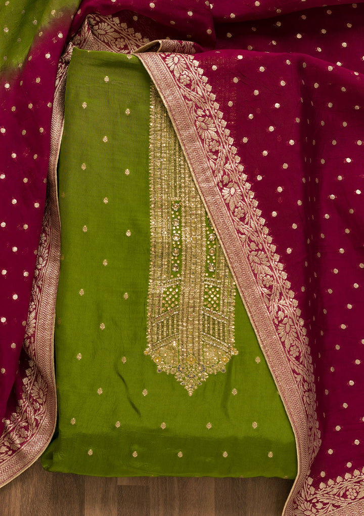 Leaf Green Cutdana Semi Crepe Unstitched Salwar Kameez-Koskii