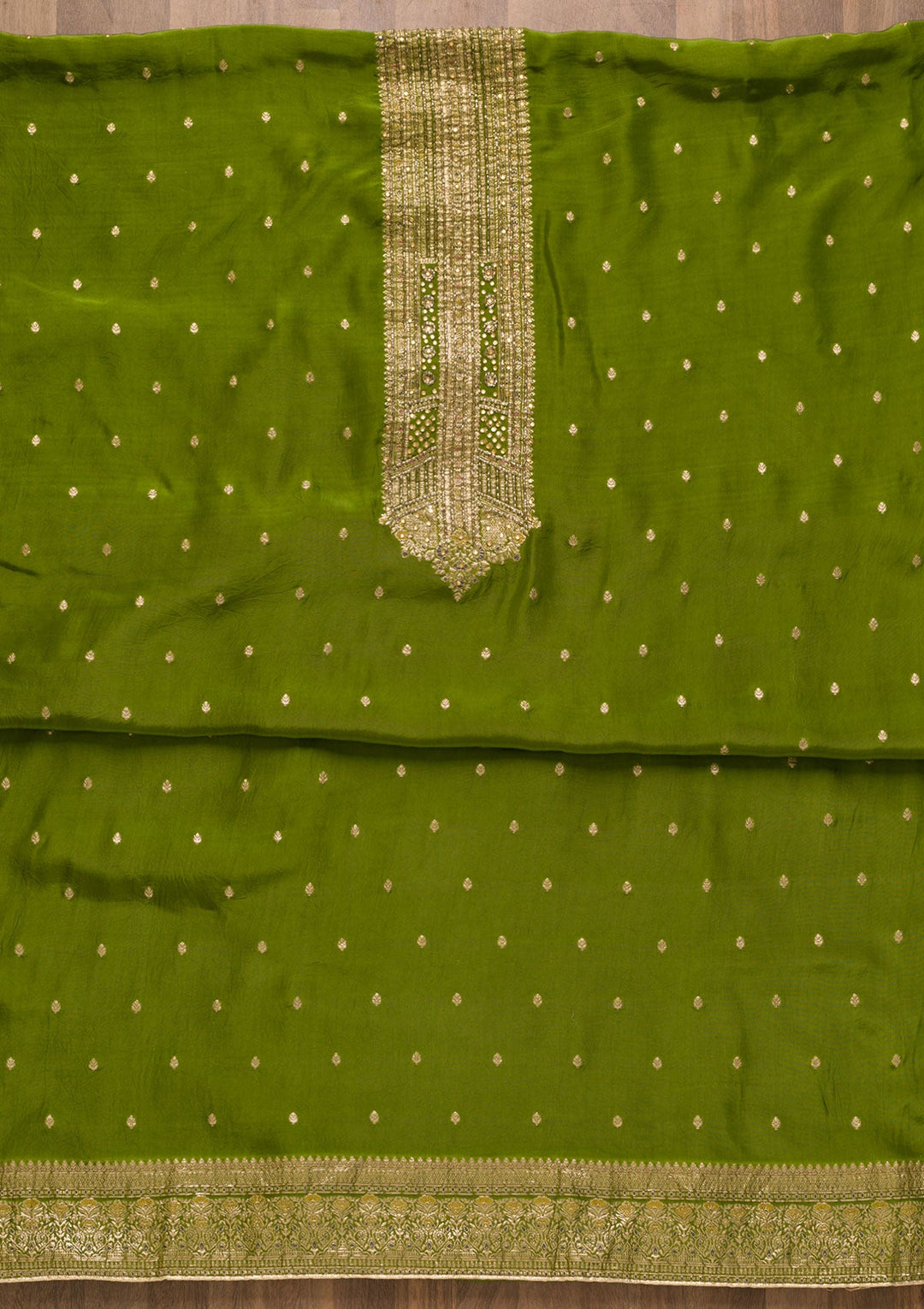 Leaf Green Cutdana Semi Crepe Unstitched Salwar Kameez-Koskii