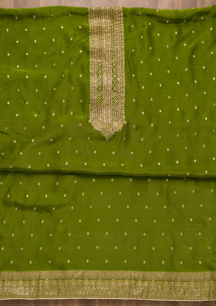 Leaf Green Cutdana Semi Crepe Unstitched Salwar Kameez-Koskii