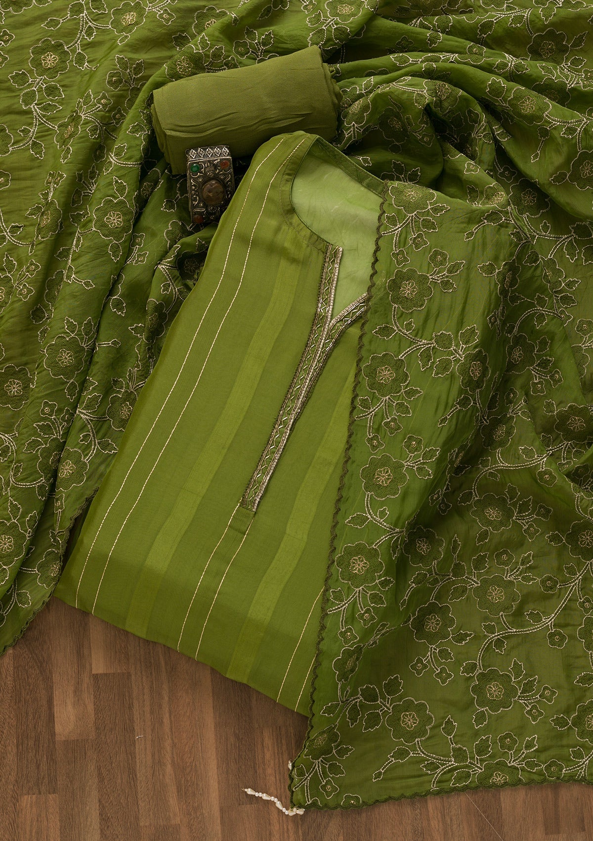 Leaf Green Cutdana Tissue Unstitched Salwar Kameez-Koskii