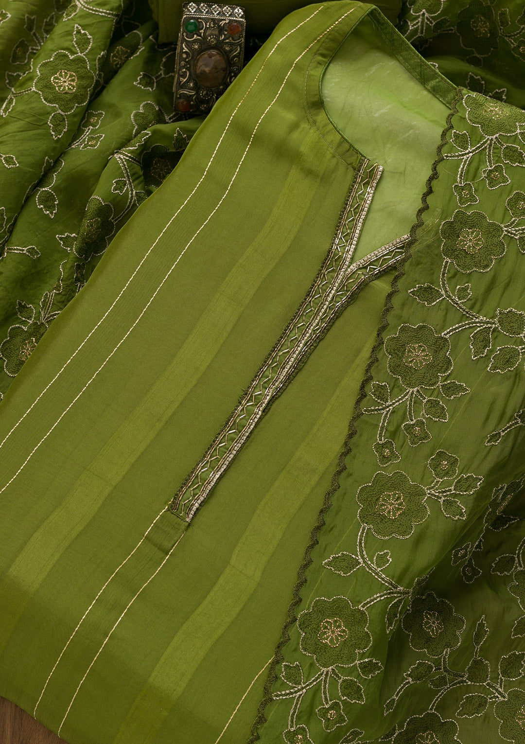 Leaf Green Cutdana Tissue Unstitched Salwar Kameez-Koskii