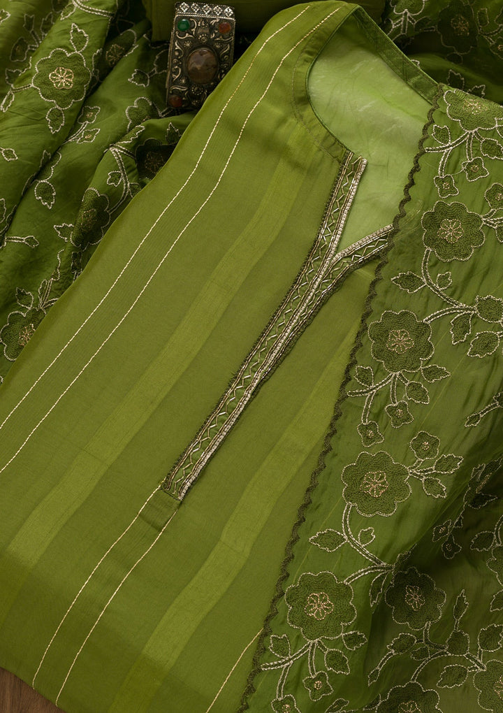 Leaf Green Cutdana Tissue Unstitched Salwar Kameez-Koskii
