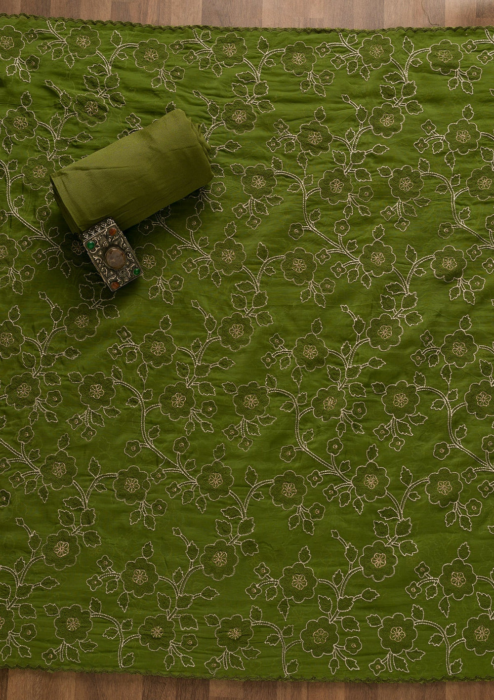 Leaf Green Cutdana Tissue Unstitched Salwar Kameez-Koskii