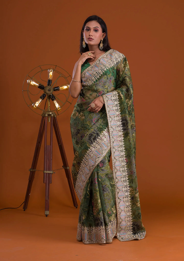 Leaf Green Printed Tissue Saree-Koskii
