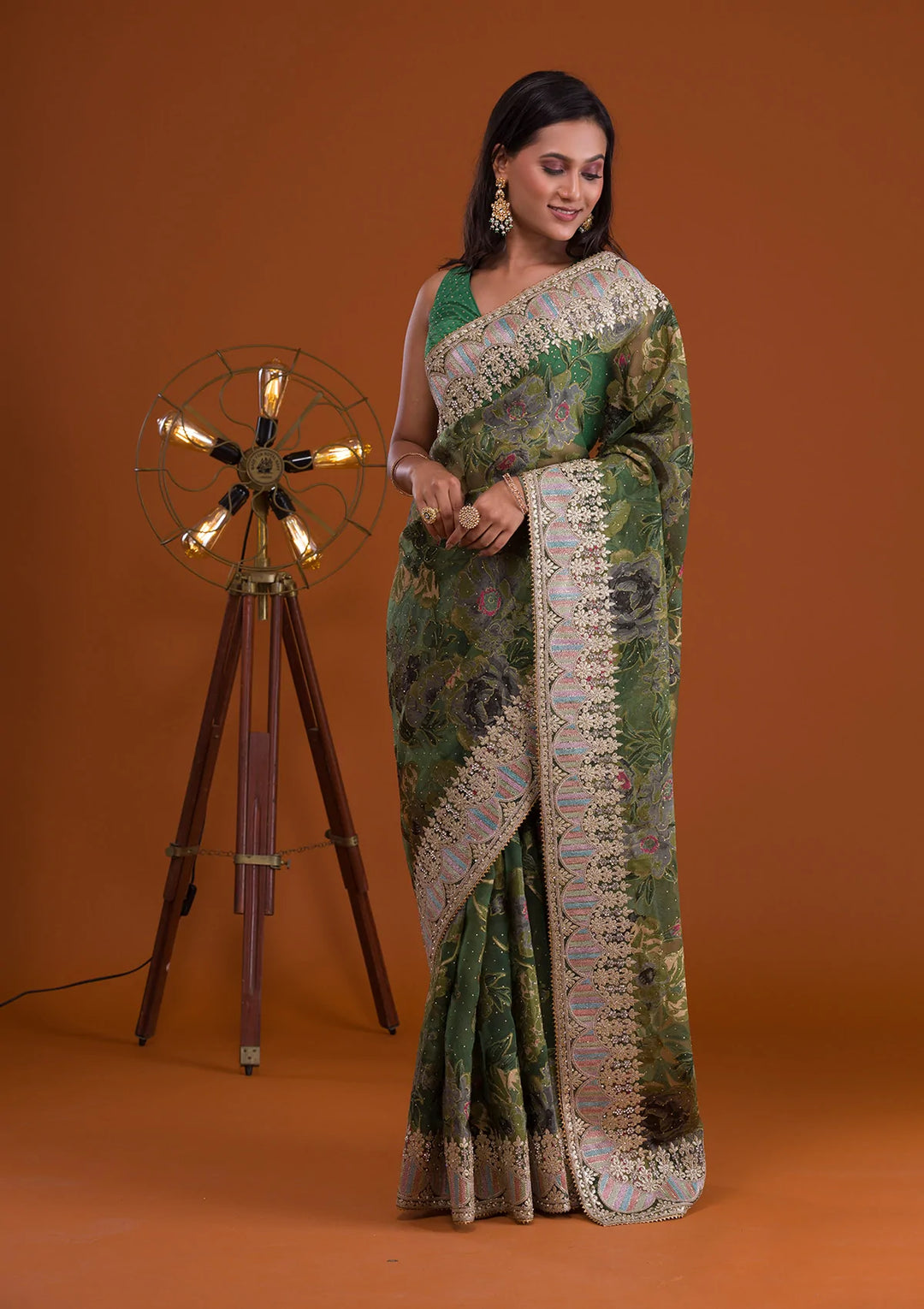 Leaf Green Printed Tissue Saree-Koskii