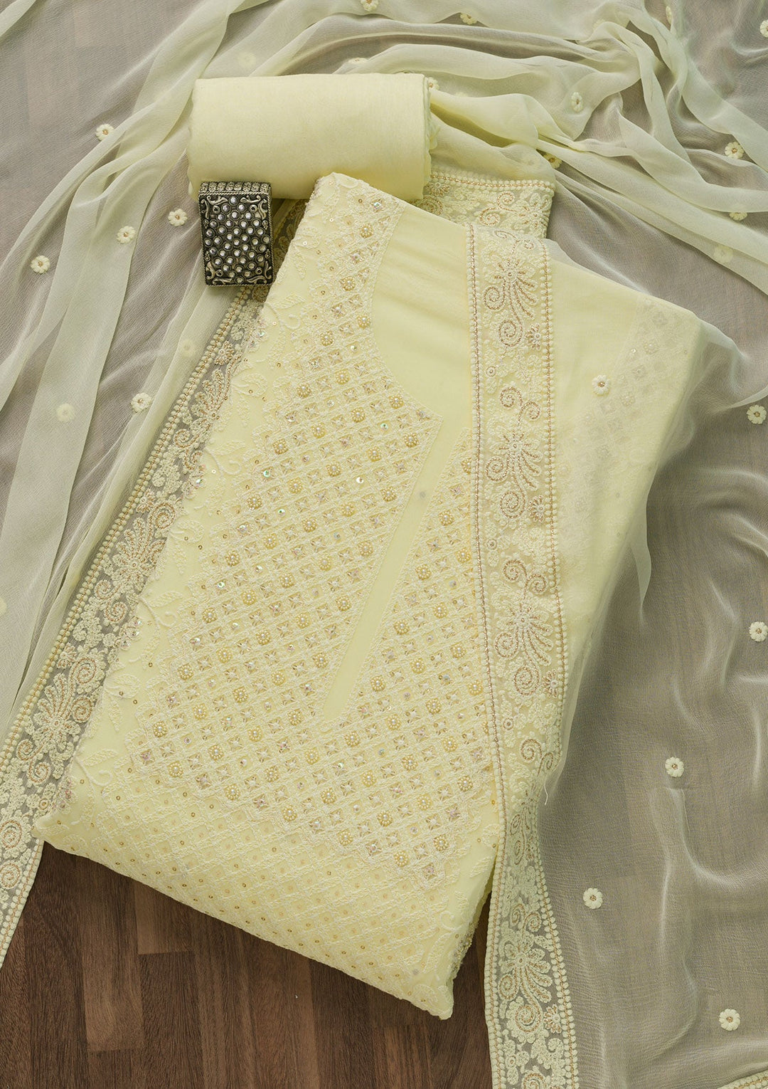 Lemon Yellow Chikankari Georgette Unstitched Salwar Suit-Koskii