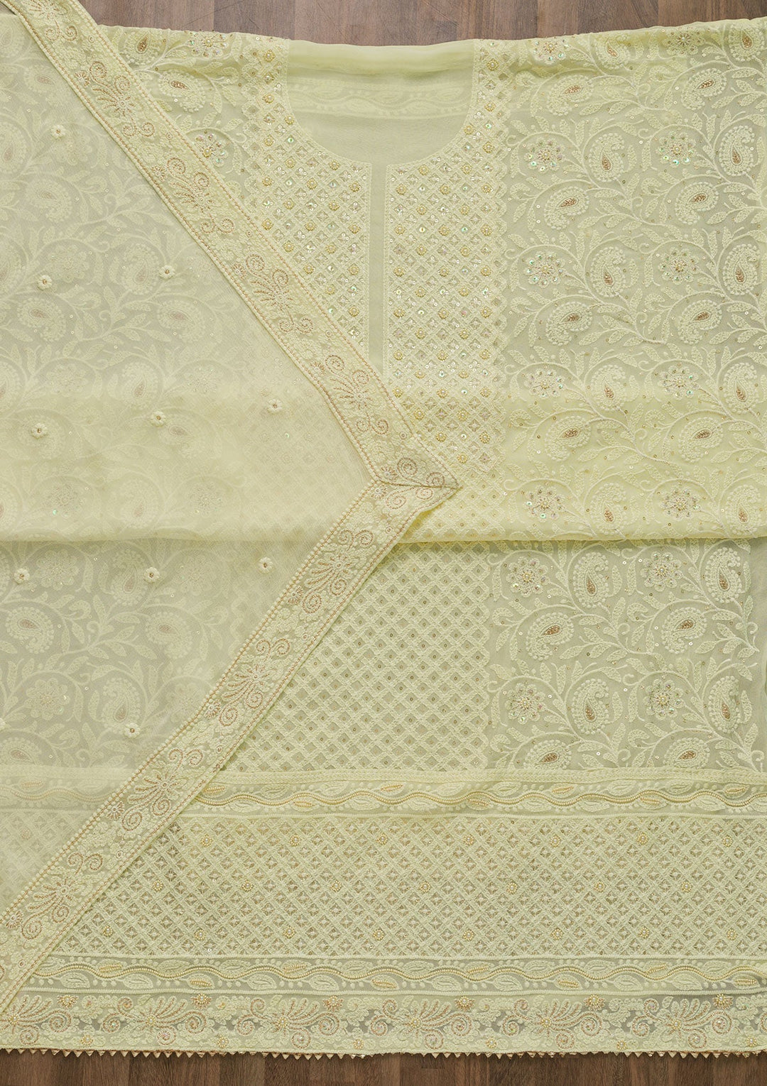 Lemon Yellow Chikankari Georgette Unstitched Salwar Suit-Koskii
