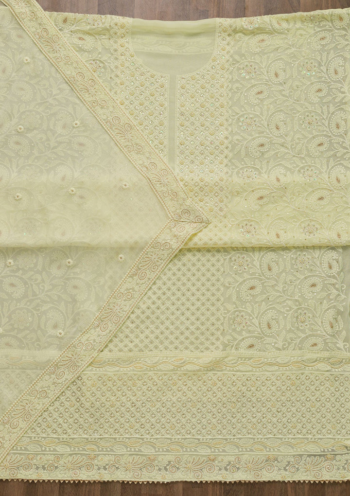 Lemon Yellow Chikankari Georgette Unstitched Salwar Suit-Koskii