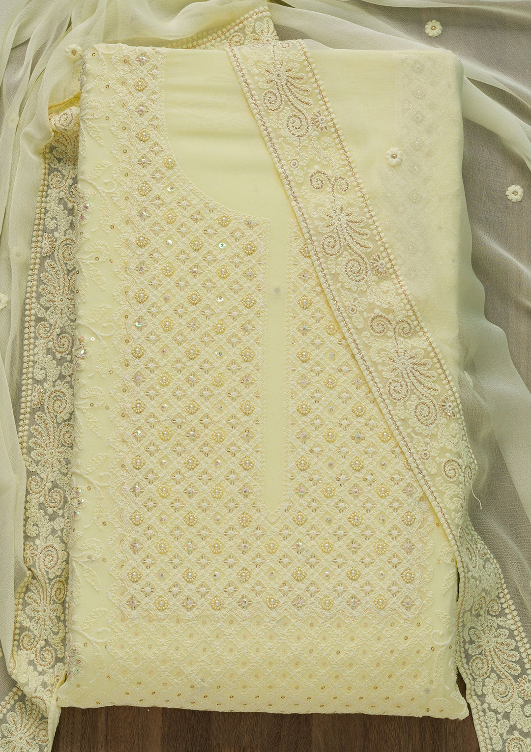 Lemon Yellow Chikankari Georgette Unstitched Salwar Suit-Koskii