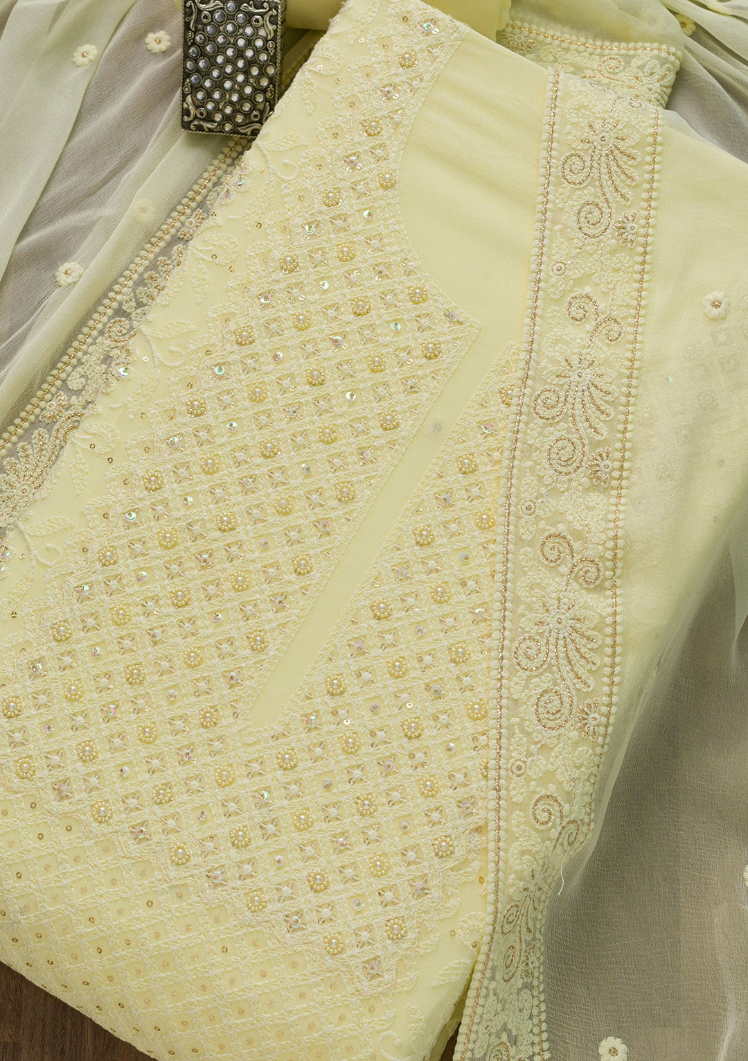 Lemon Yellow Chikankari Georgette Unstitched Salwar Suit-Koskii
