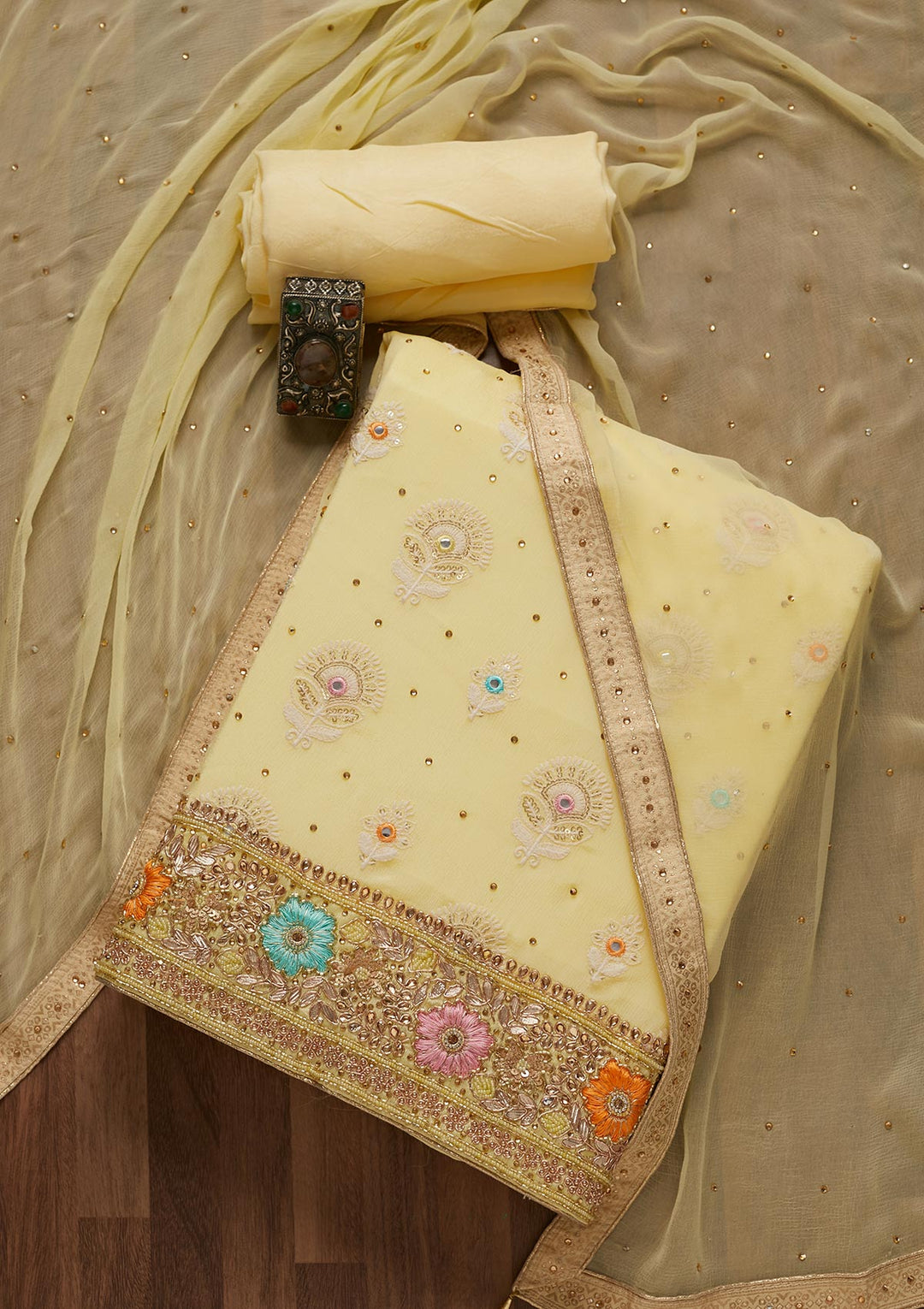 Lemon Yellow Cutdana Georgette Unstitched Salwar Suit- Koskii