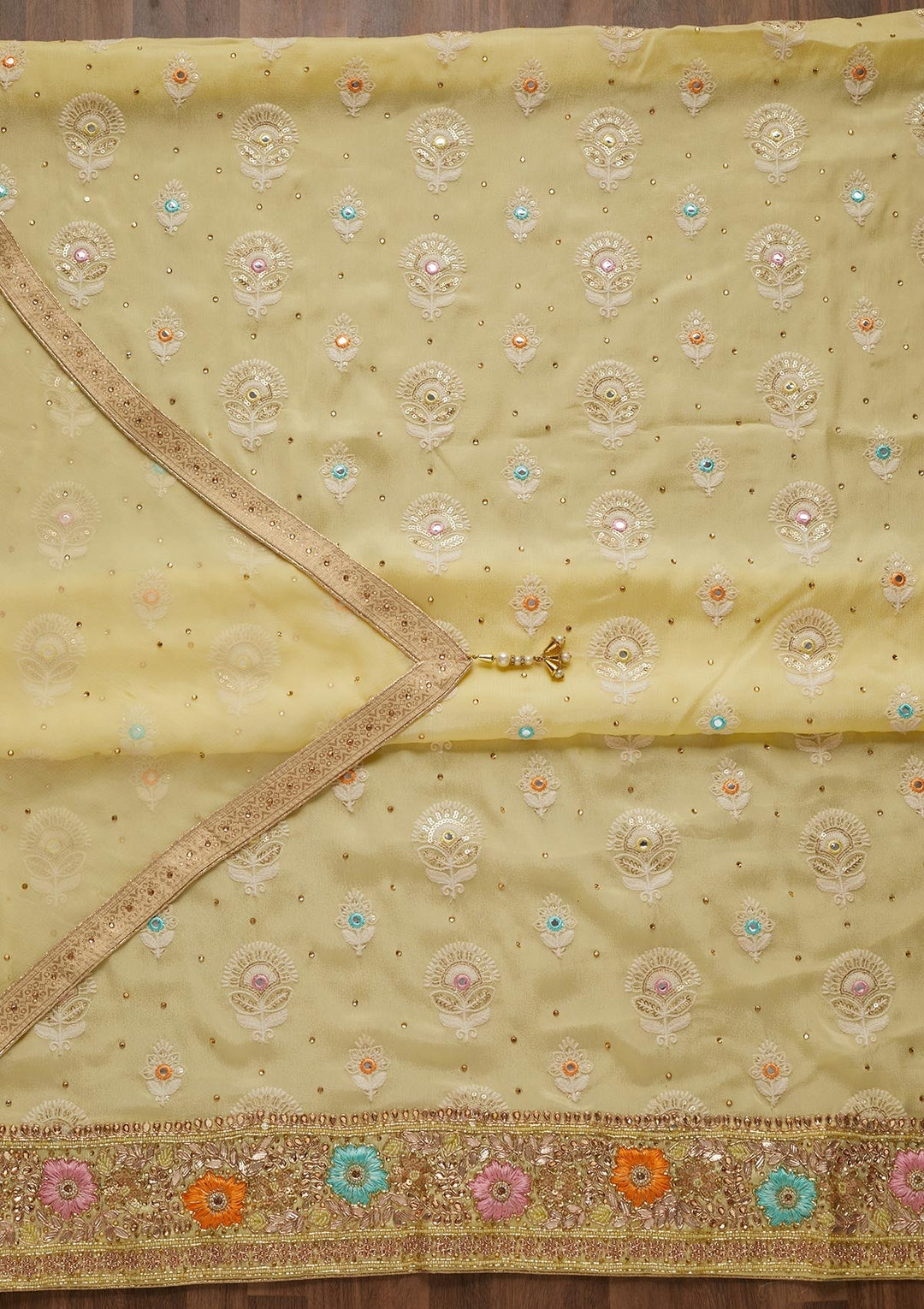 Lemon Yellow Cutdana Georgette Unstitched Salwar Suit - Koskii