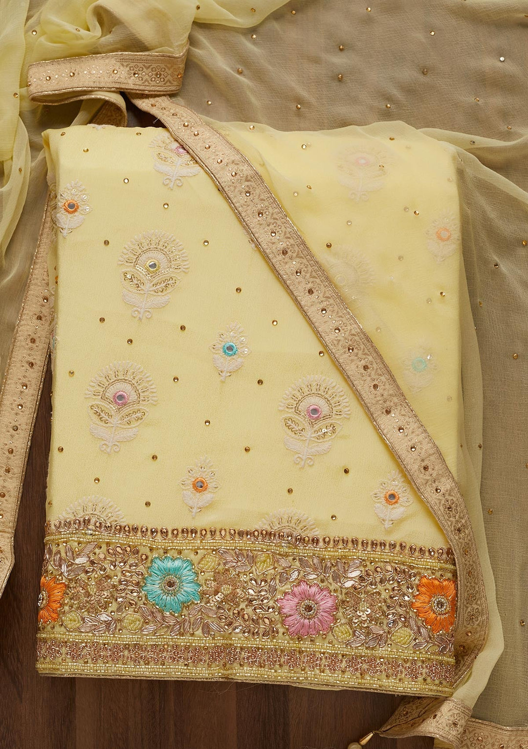 Lemon Yellow Cutdana Georgette Unstitched Salwar Suit - Koskii