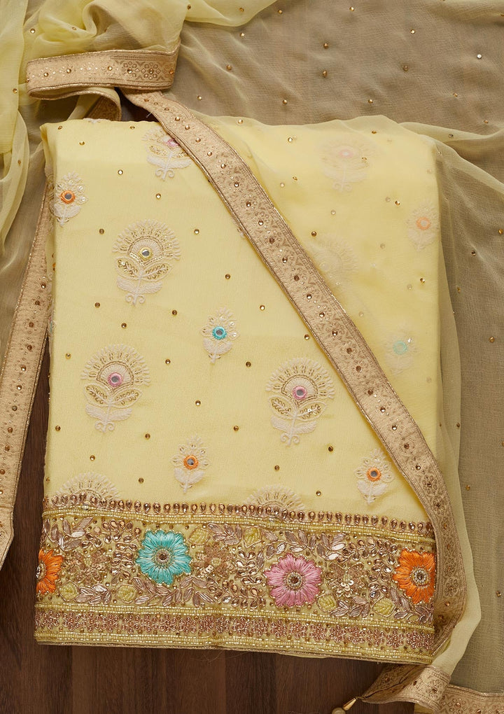 Lemon Yellow Cutdana Georgette Unstitched Salwar Suit - Koskii