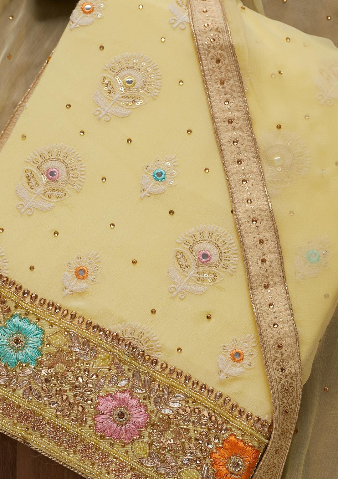 Lemon Yellow Cutdana Georgette Unstitched Salwar Suit - Koskii