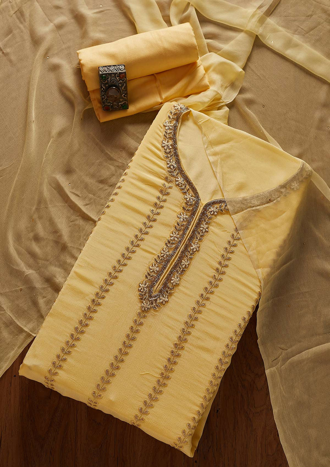Lemon Yellow Cutdana Semi Crepe Designer Unstitched Salwar Suit - koskii