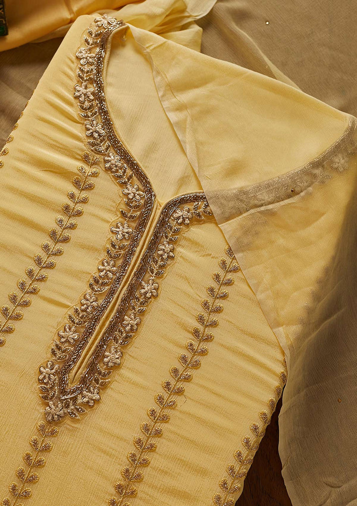 Lemon Yellow Cutdana Semi Crepe Designer Unstitched Salwar Suit - koskii