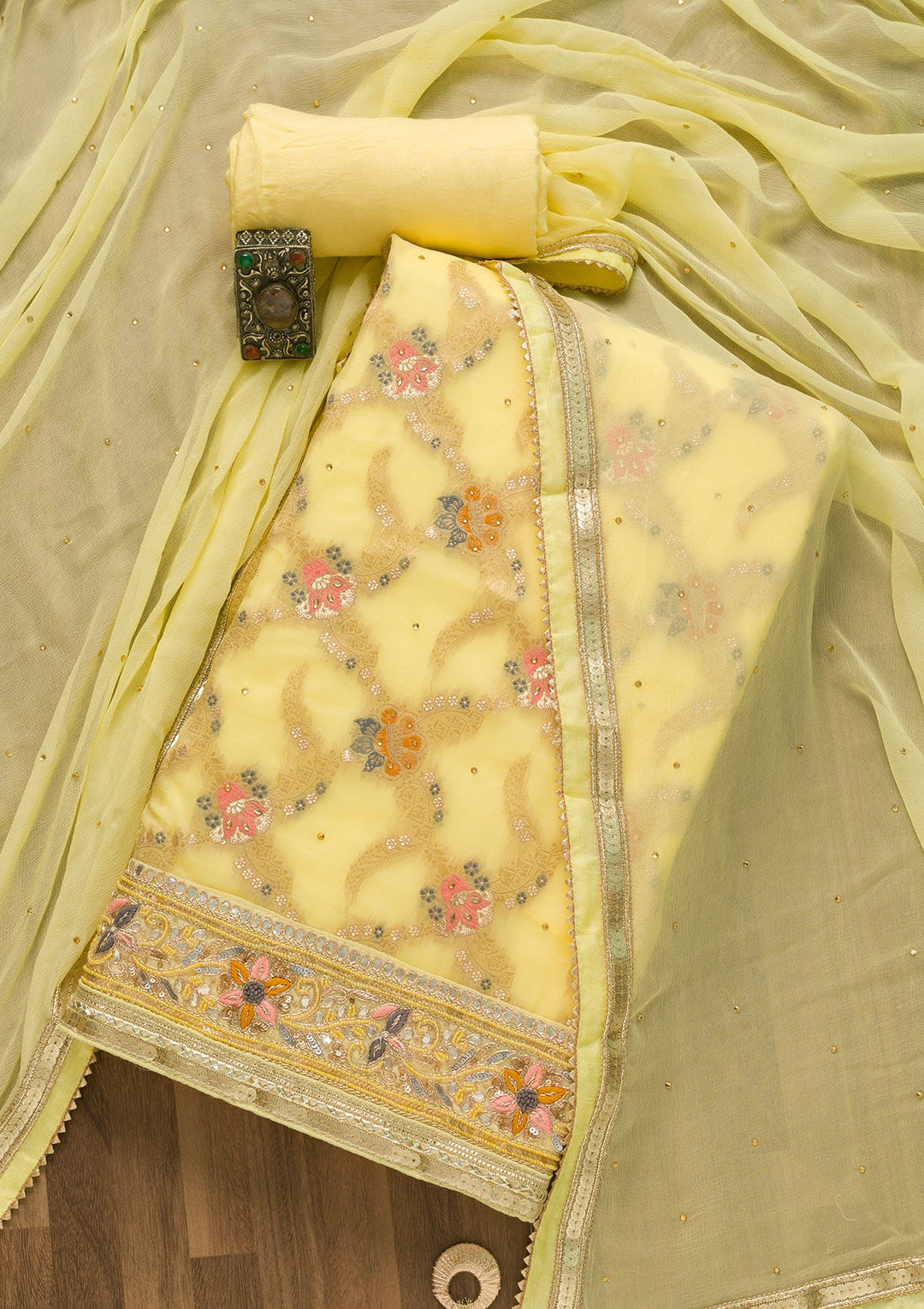 Lemon Yellow Gotapatti Chanderi Unstitched Salwar Suit-Koskii