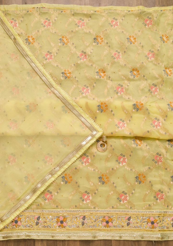 Lemon Yellow Gotapatti Chanderi Unstitched Salwar Suit-Koskii