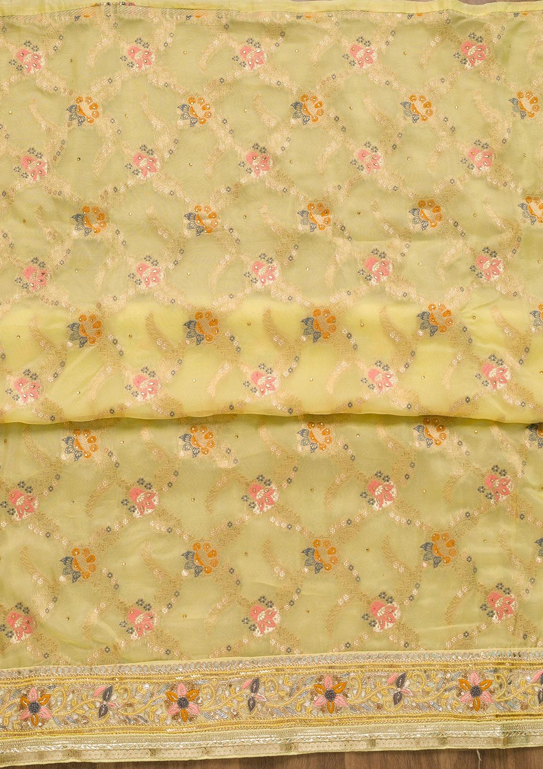 Lemon Yellow Gotapatti Chanderi Unstitched Salwar Suit-Koskii