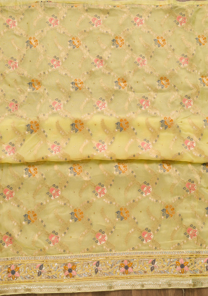 Lemon Yellow Gotapatti Chanderi Unstitched Salwar Suit-Koskii