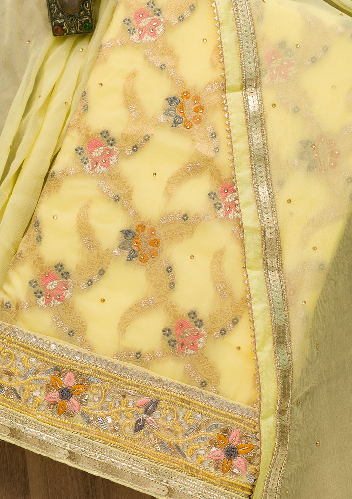 Lemon Yellow Gotapatti Chanderi Unstitched Salwar Suit-Koskii
